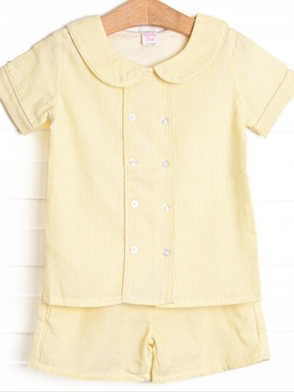 Stitchy Fish Yellow Seersucker Double Breasted Short Set 2T
